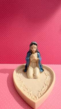 Virgin Mary Figurine on Heart Shaped rosary or trinket dish